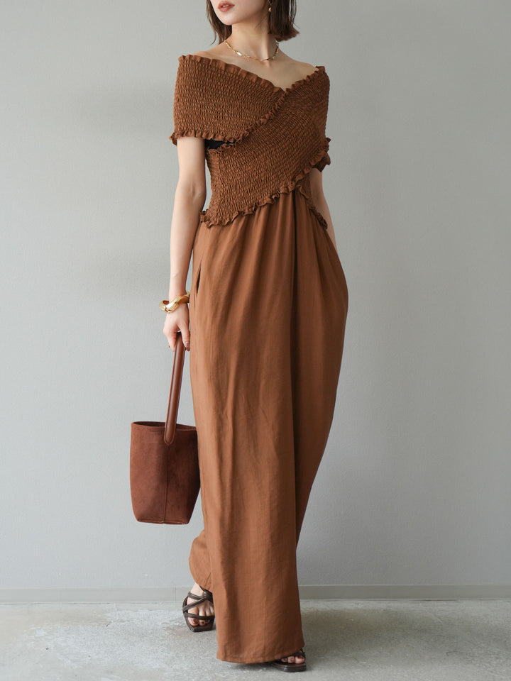 [予約]シャーリングクロスサロペット/ブラウン