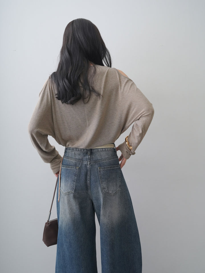 [SET]ショルダーオープンドレープネックカットソー+ナポレオンカーブデニム(2set)