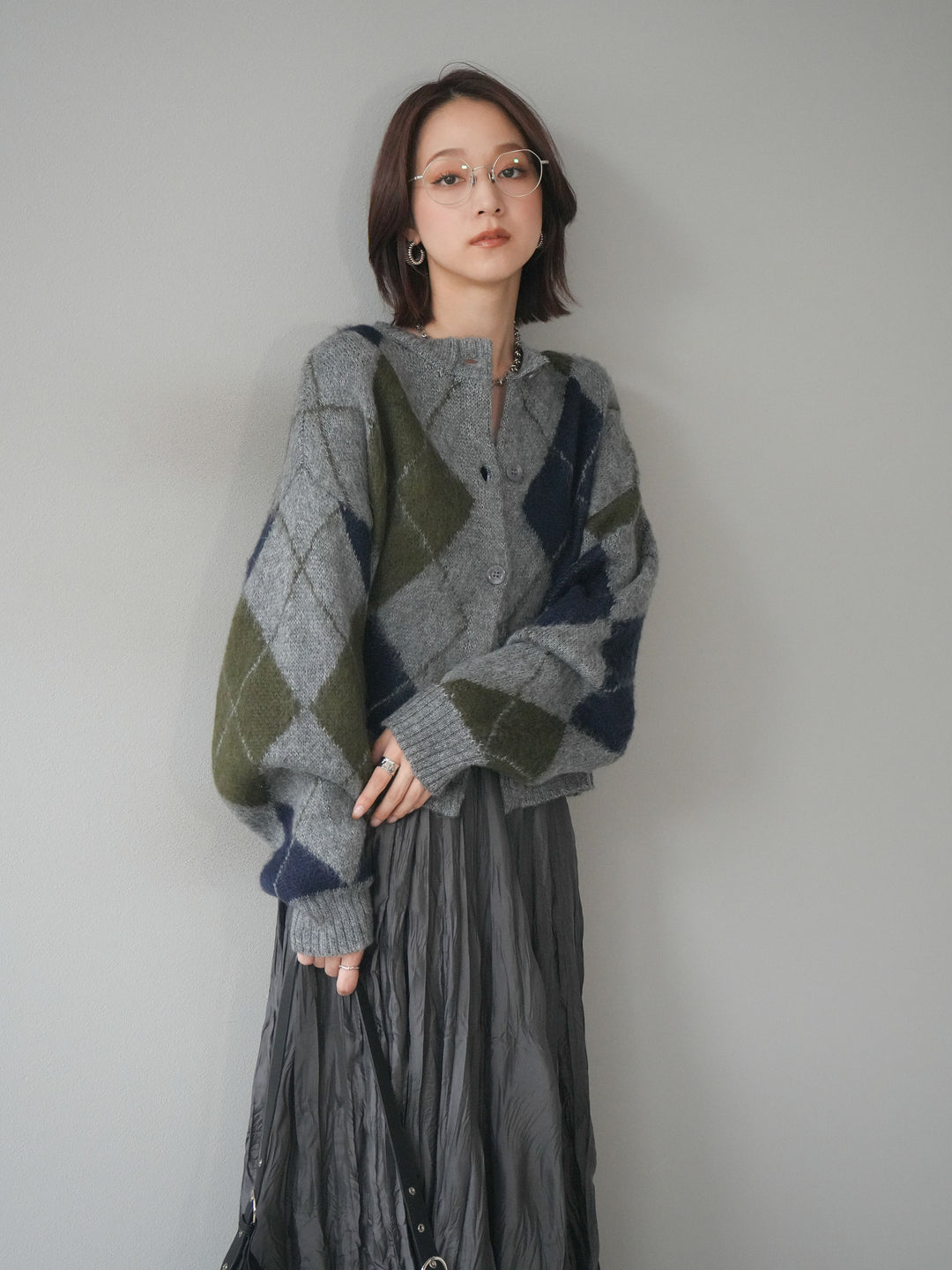 [予約]モヘアタッチアーガイルニットカーディガン/ gray