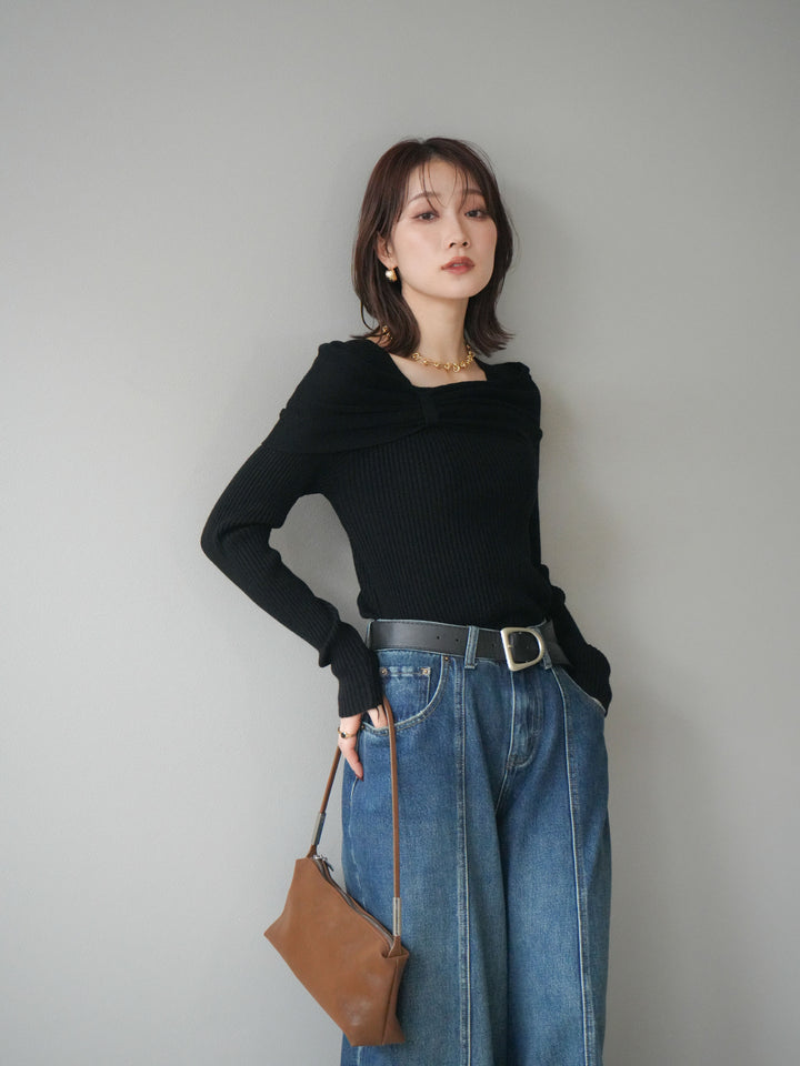 [予約]リボンモチーフオフショルリブニットトップス/black