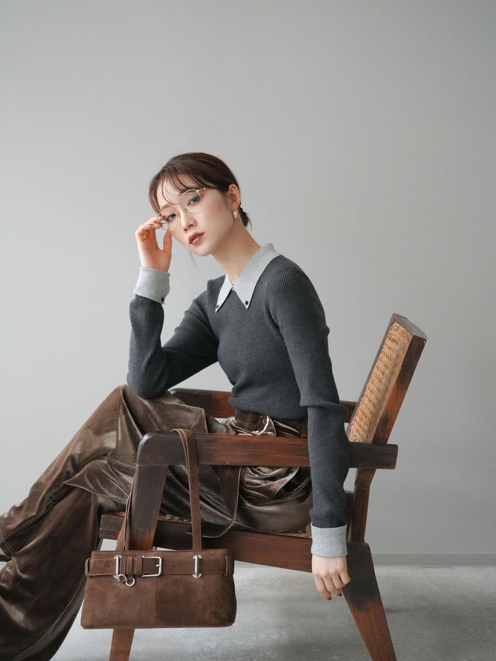 [予約]ニットカフス襟付き配色リブニットトップス/charcoal