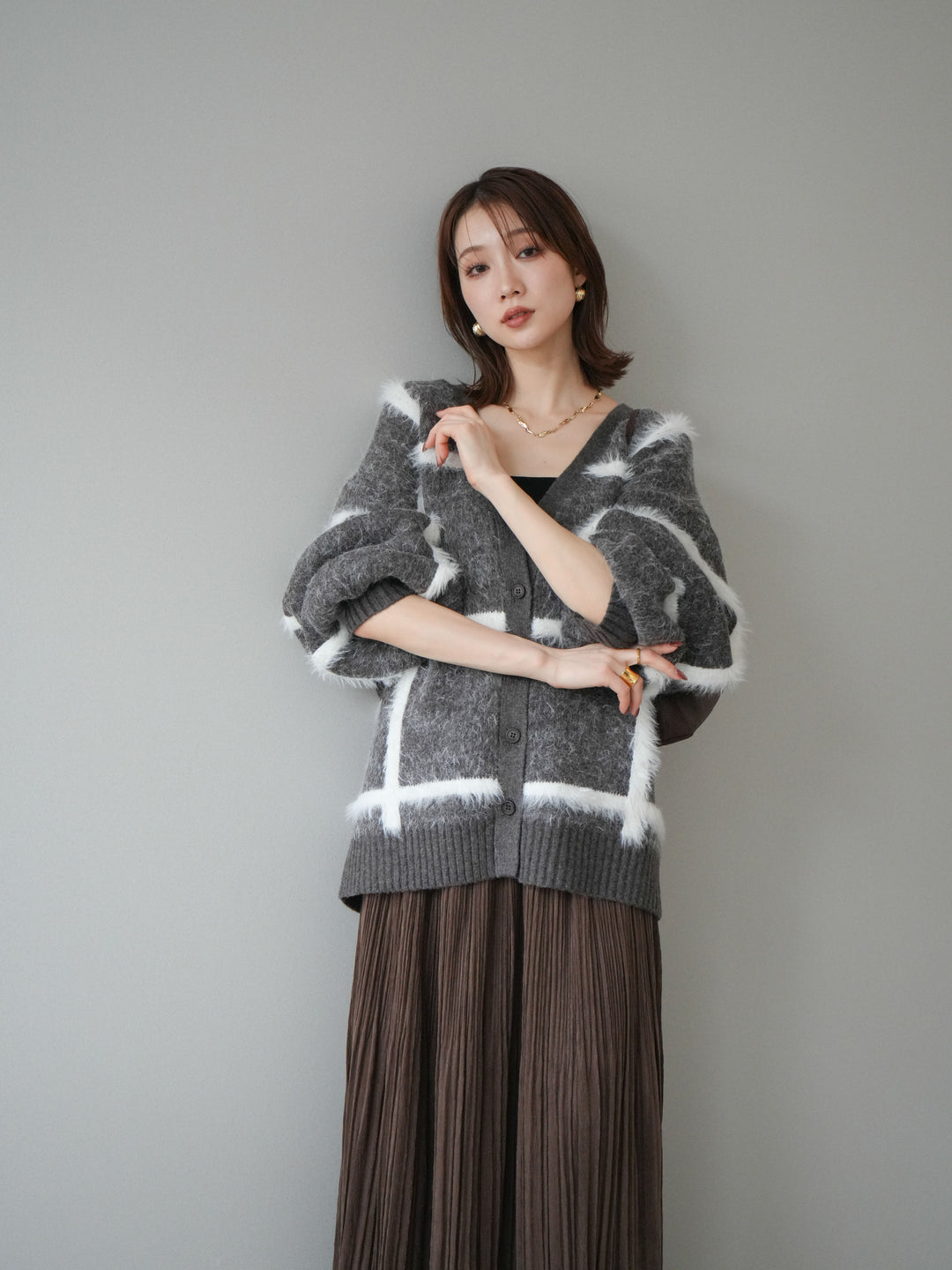 [予約]ミックスシャギーチェックカーディガン/brown