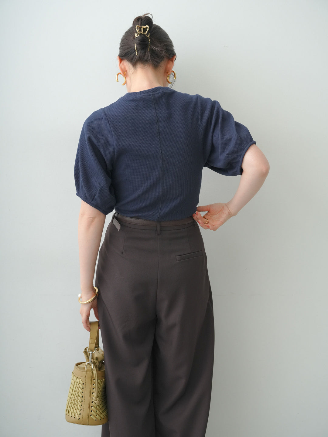 [予約]レースアップワッフルハーフトップス/navy