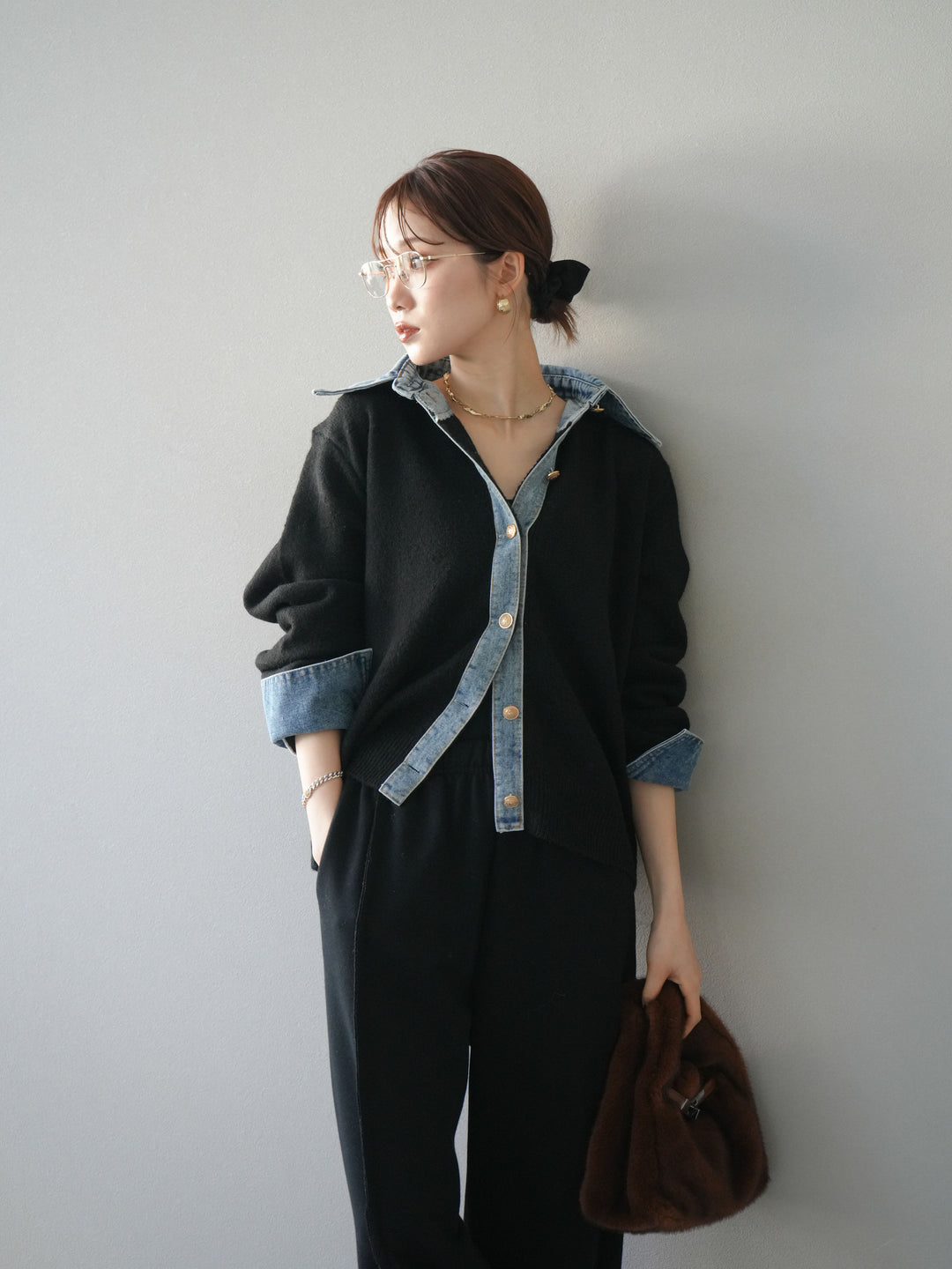 [予約]デニム襟ボタンニットカーディガン/black