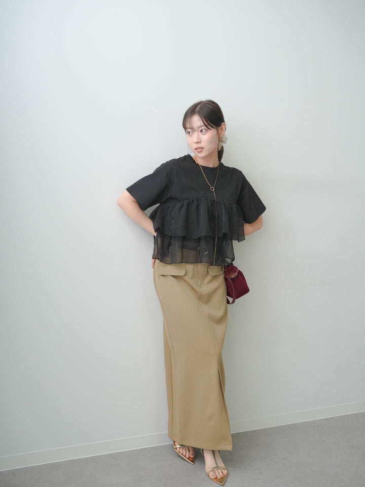 [SET]オーガンジーフリルドッキングTEE+クレープデシンフラップ付きストレートスカート(2set)