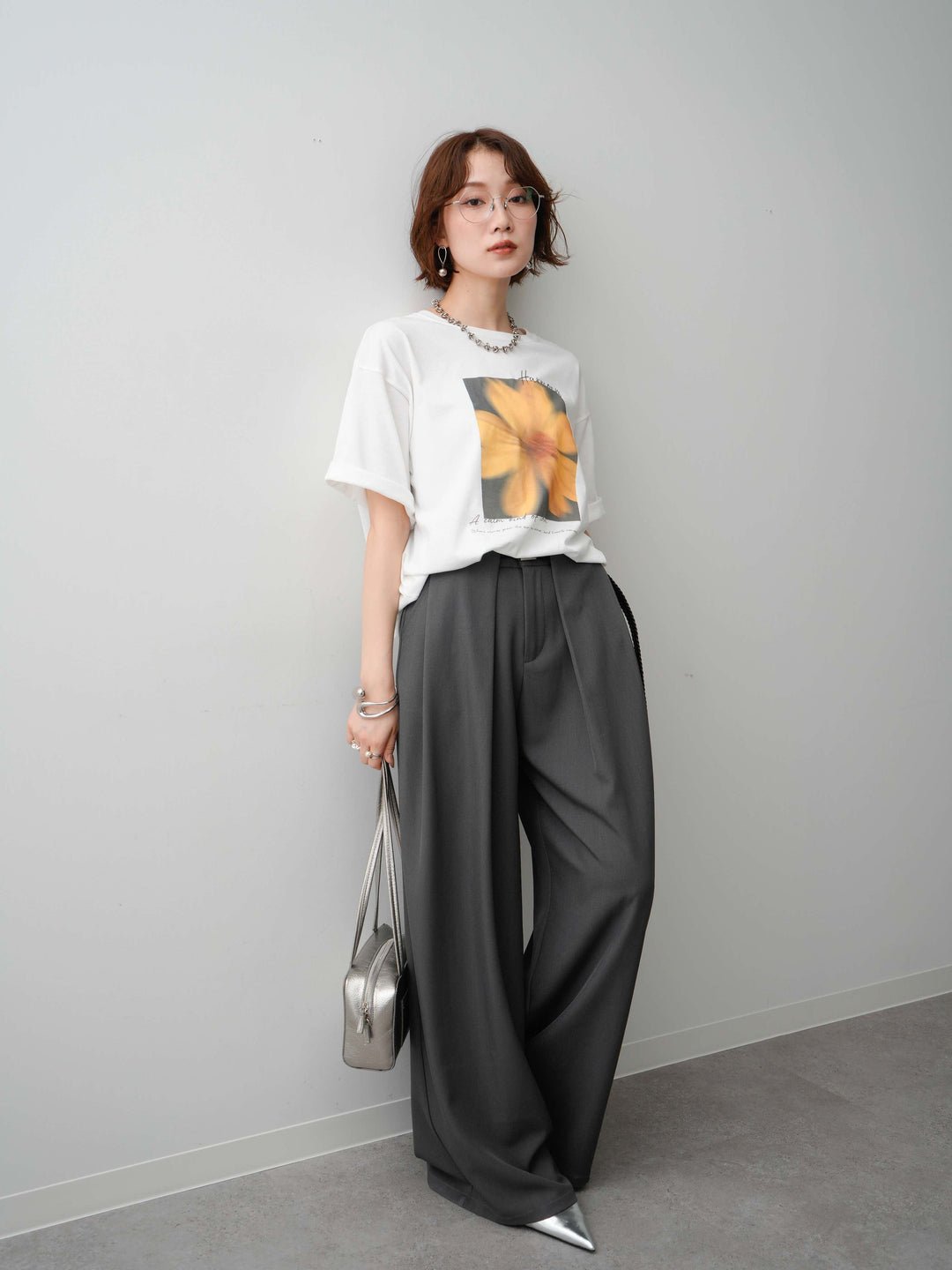 [SET]フラワーフォトTEE+ベルトループデザインワイドパンツ(2set)