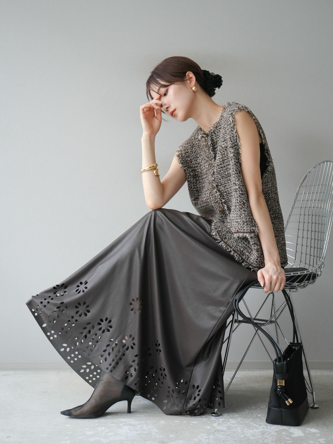 [予約]ミックスツイードフリンジニットベスト/ブラウン