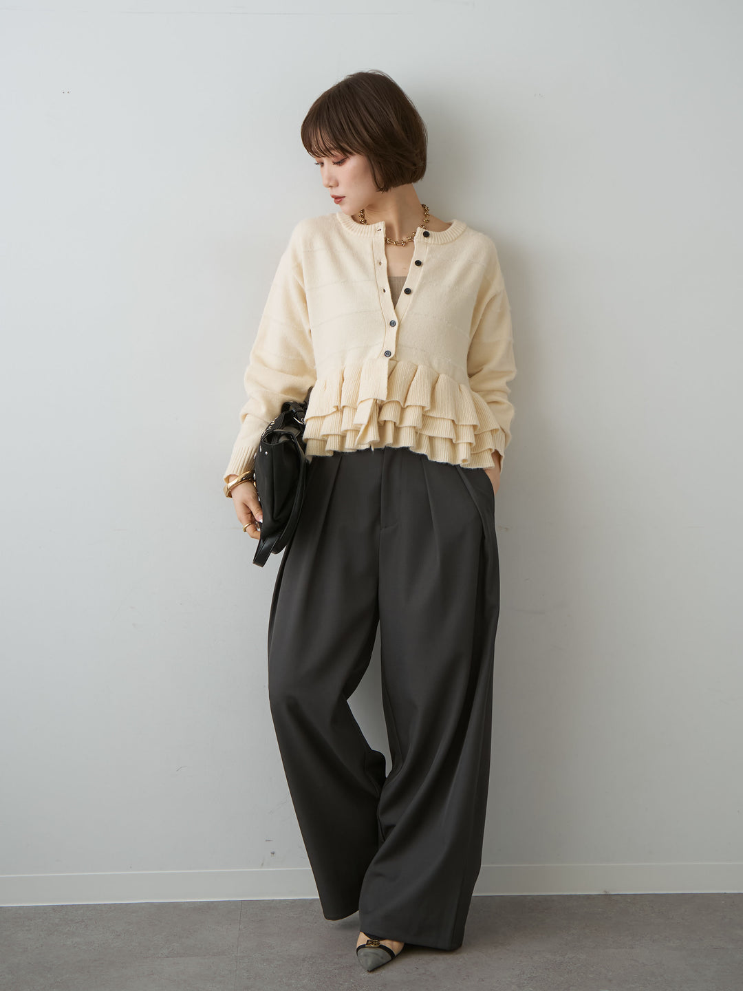 [SET]フェザーボーダーフリルカーディガン+ツイルタックワイドパンツ(2set)