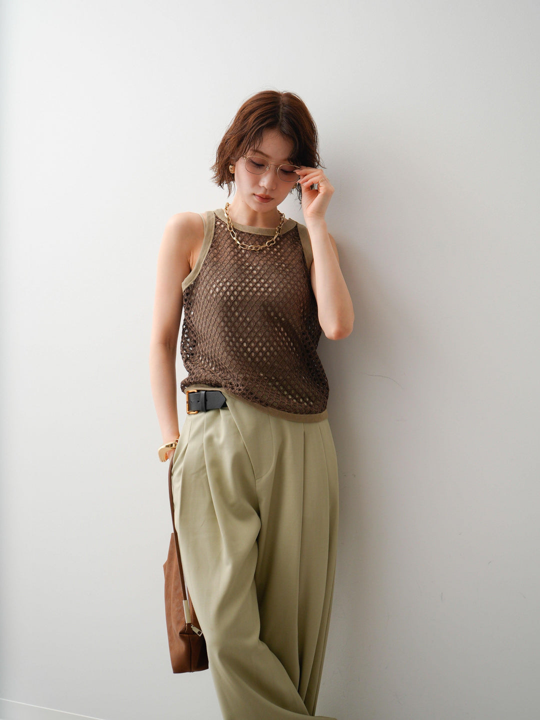 [予約]リブトリムメッシュアメスリトップス/brown
