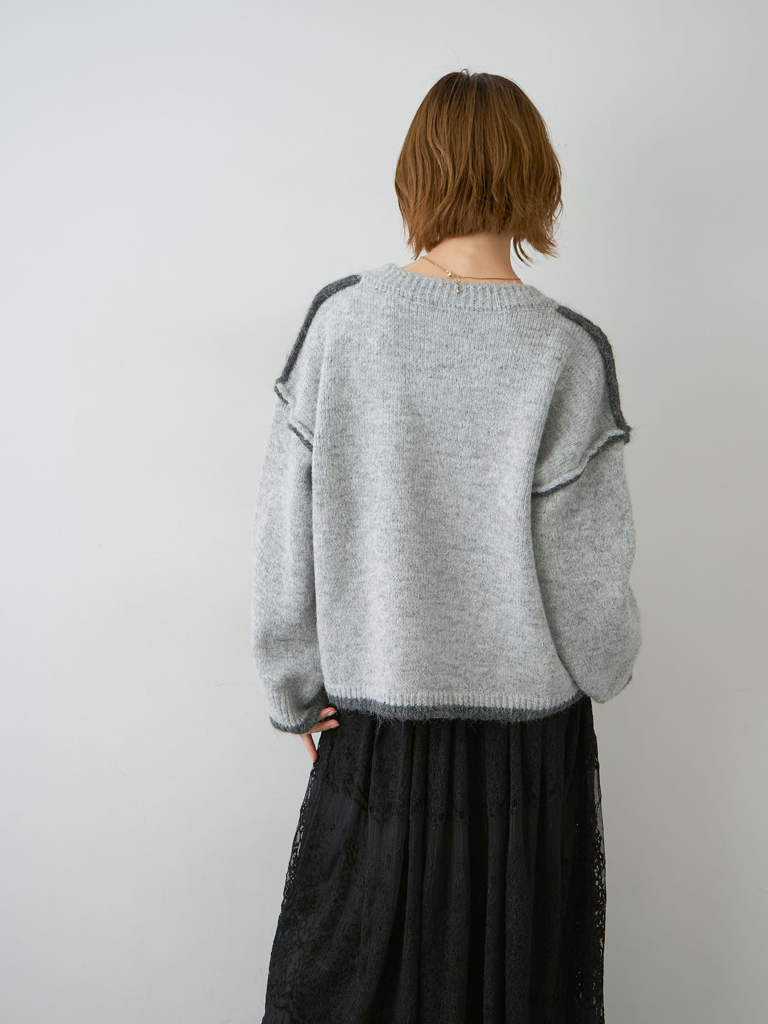 [予約]配色ラインデザインヘムニットプルオーバー/lightgray