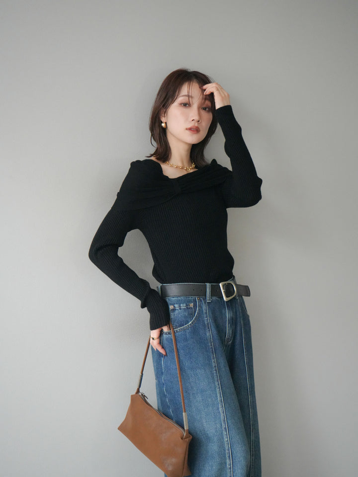[予約]リボンモチーフオフショルリブニットトップス/black