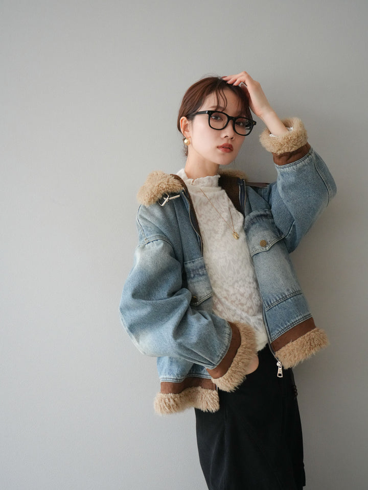 [予約]スタンドカラーファー×デニムジャケット/lightblue