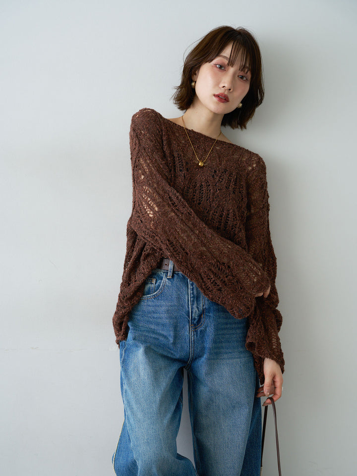 [予約]ミックスループ透かし編みニットトップス/brown
