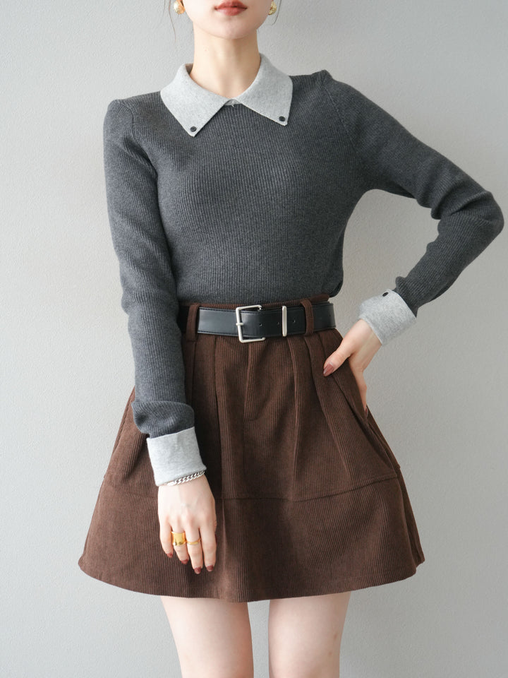 [予約]ニットカフス襟付き配色リブニットトップス/charcoal