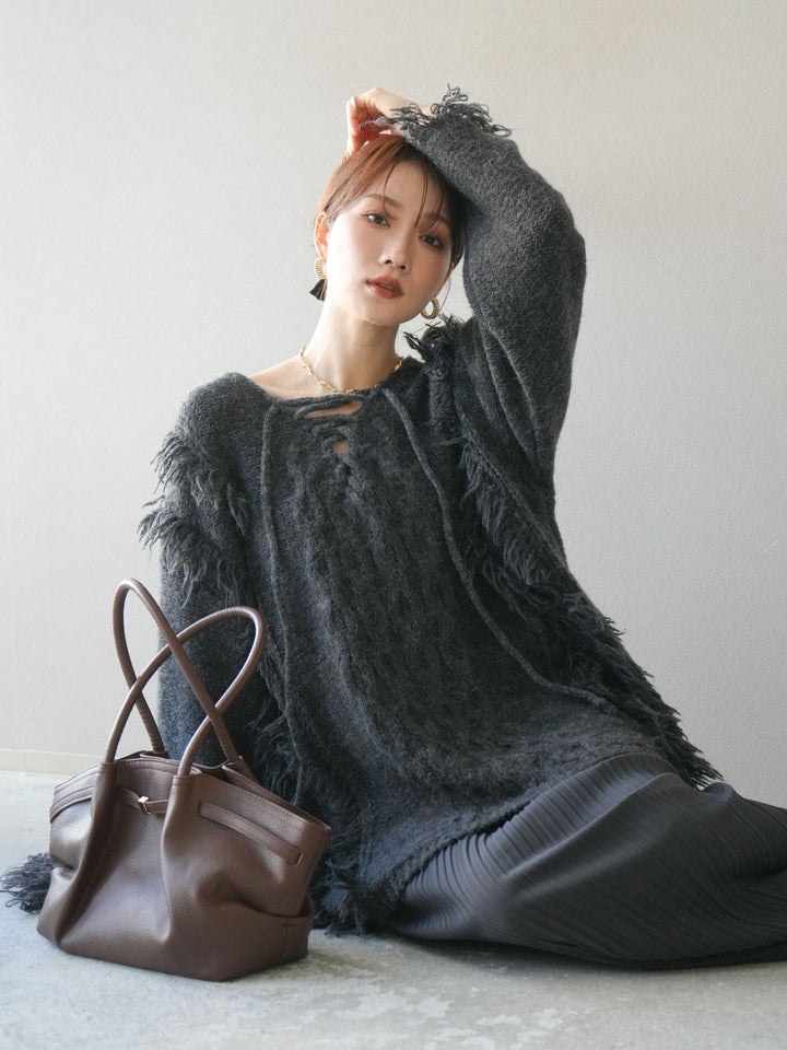 [予約]レースアップフリンジニットプルオーバー/gray