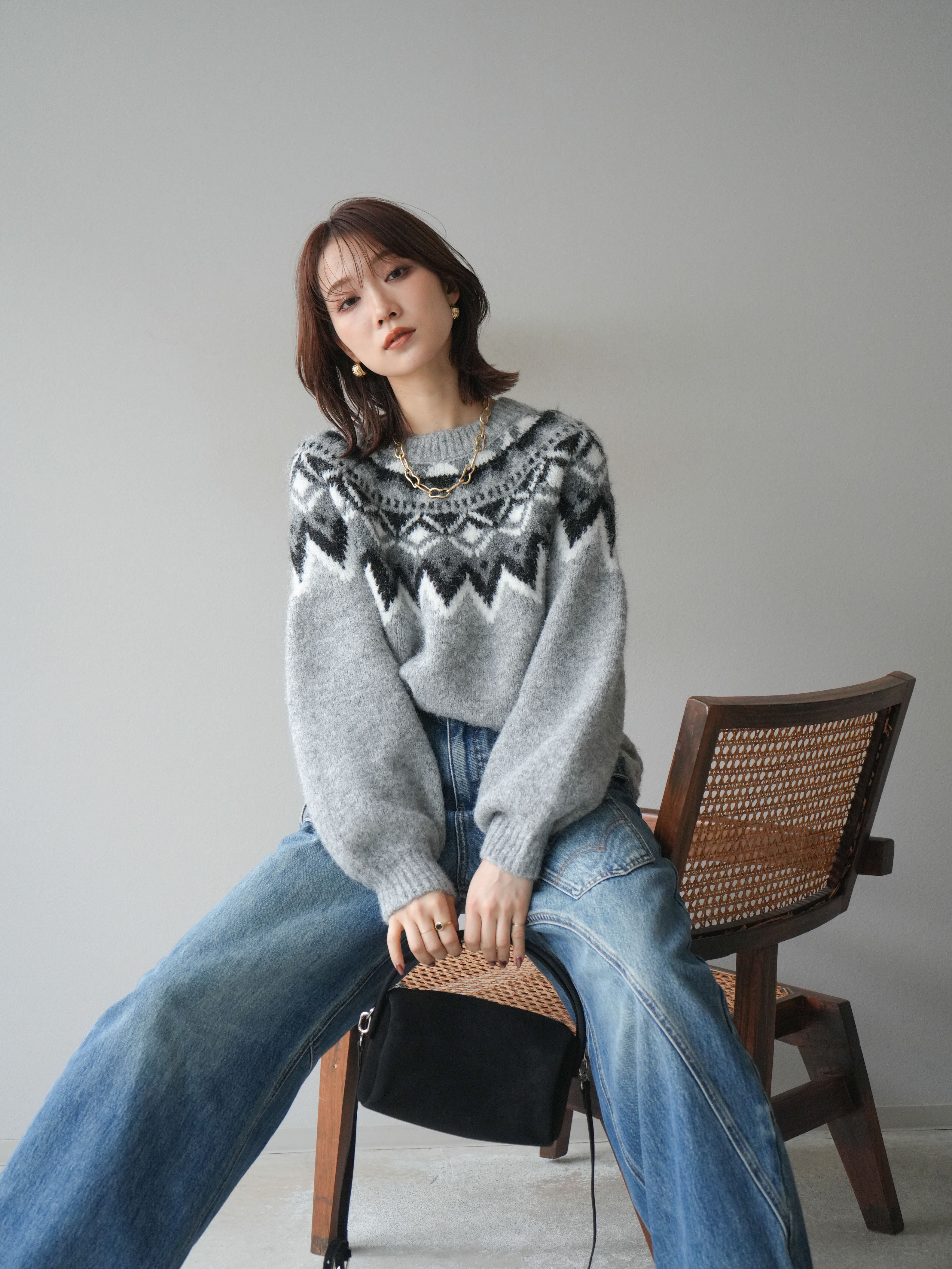 SET]求心柄オーバーニットプルオーバー+ペインターカーブデニムパンツ