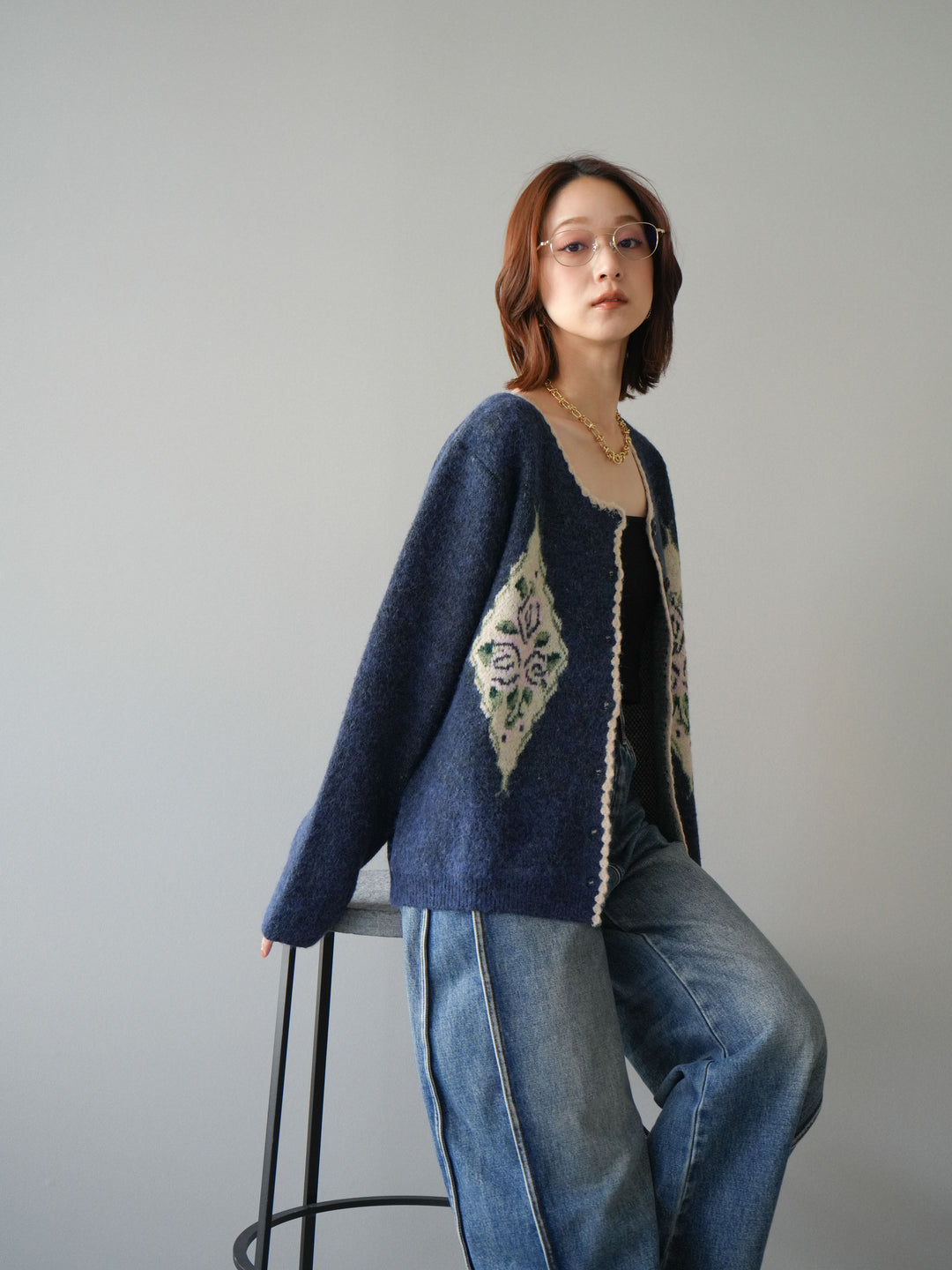 [予約]アンティークフラワージャガードニットカーディガン/navy