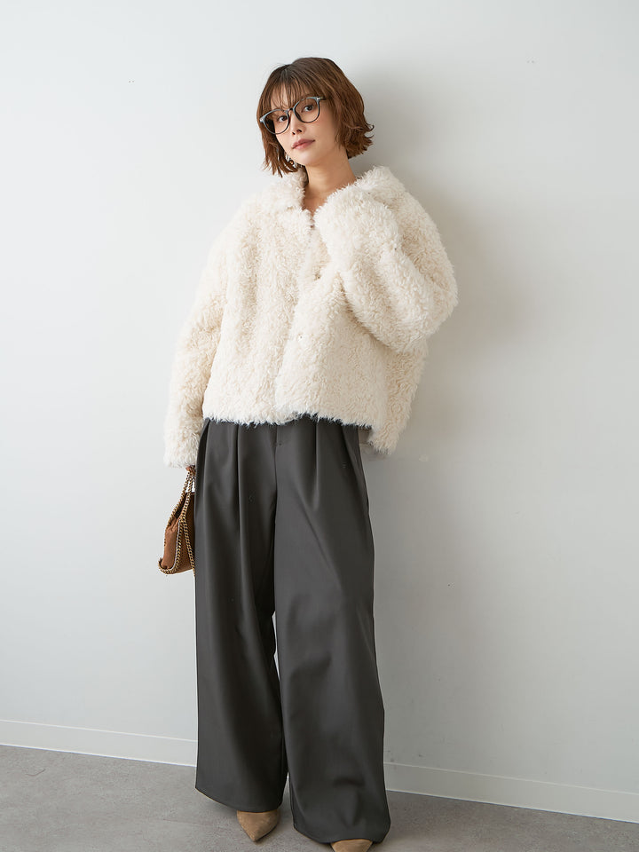 [SET]プードルファーショートジャケット+カップ付テレコリブベアキャミソール+ツイルタックワイドパンツ(3set)