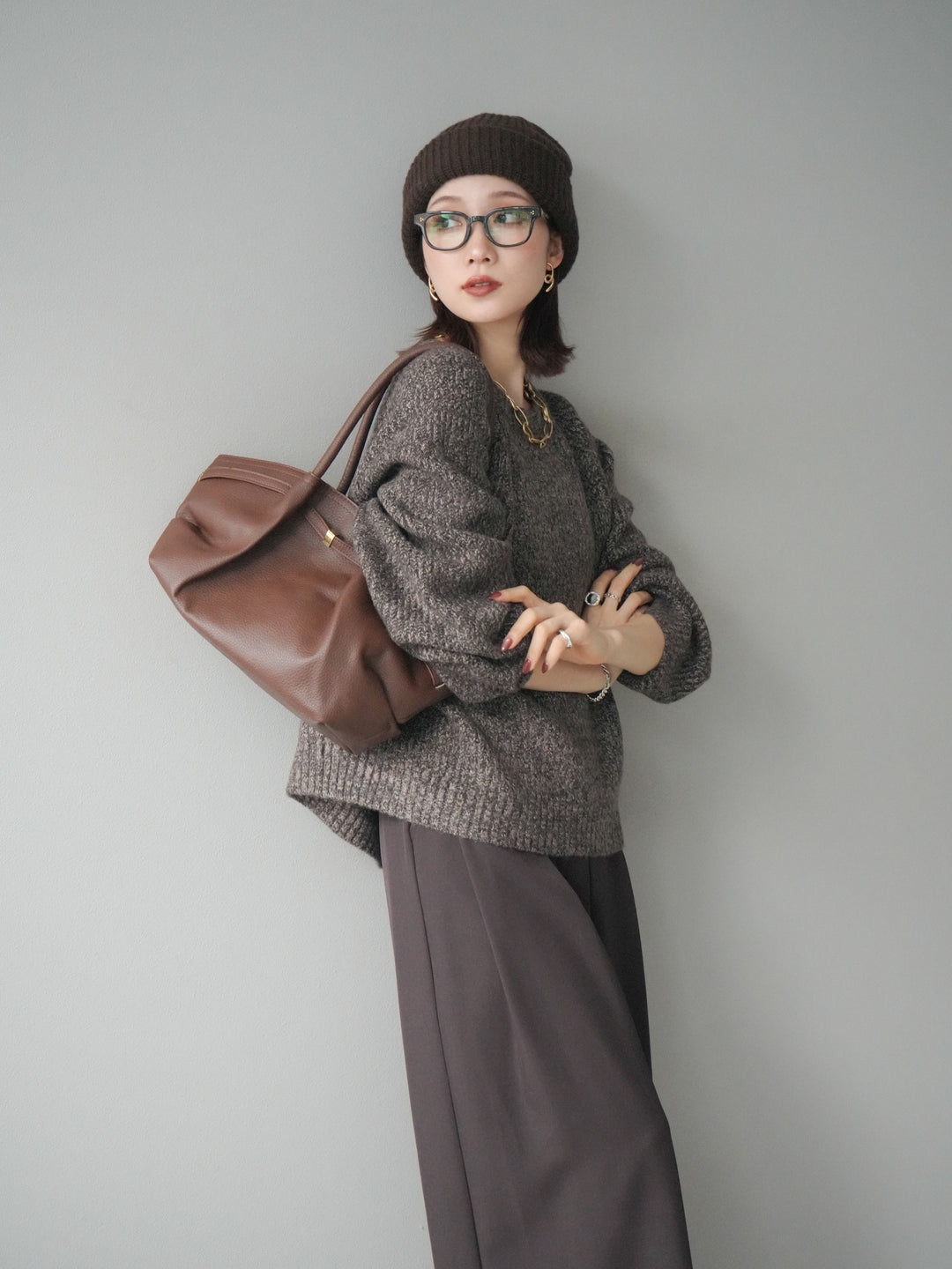 [予約]クルーネック畦編みミックスニット/brown