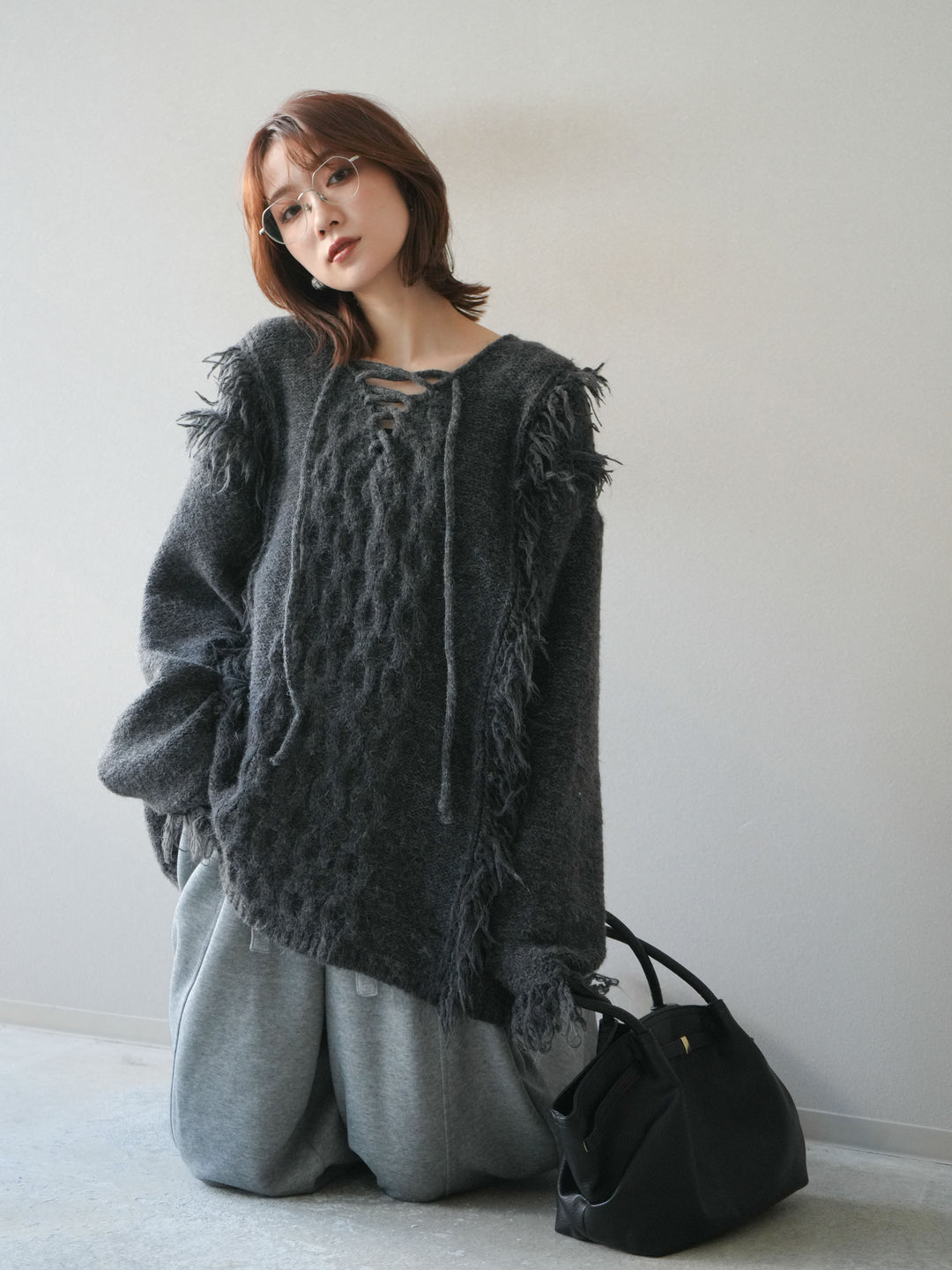 [予約]レースアップフリンジニットプルオーバー/gray