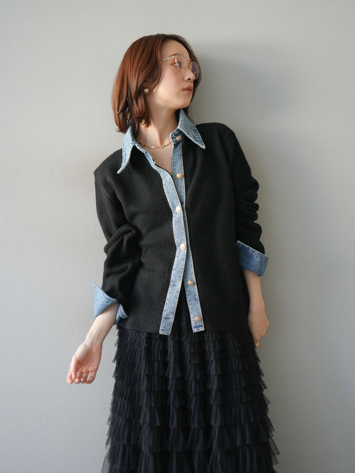 [予約]デニム襟ボタンニットカーディガン/black