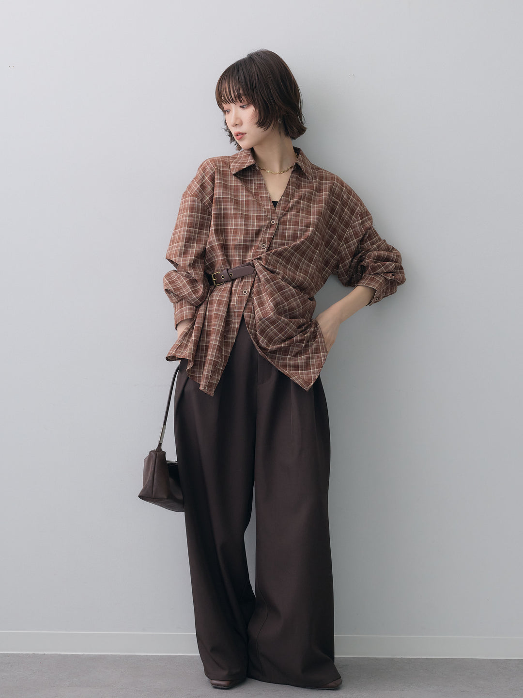 [SET]ベルテッドドレープシャツ+ツイルタックワイドパンツ(2set)