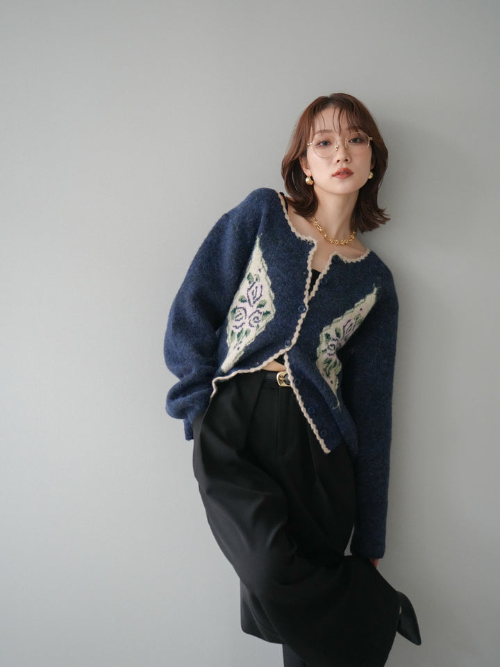 [予約]アンティークフラワージャガードニットカーディガン/navy