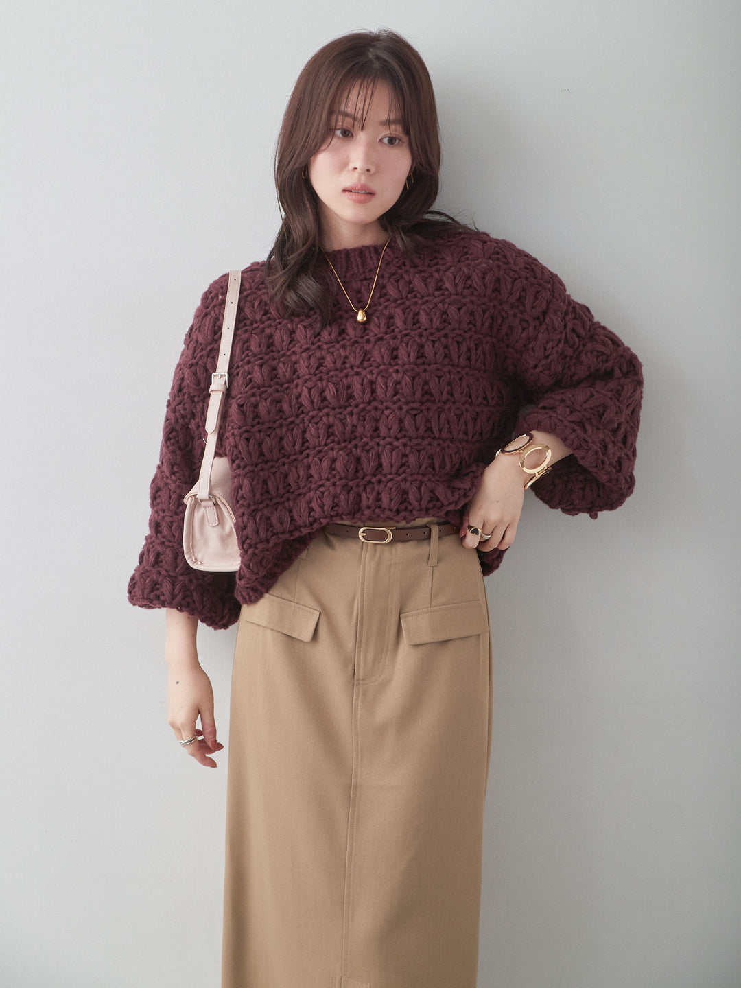 [SET]ループクロップニットトップス+クレープデシンフラップ付きストレートスカート(2set)
