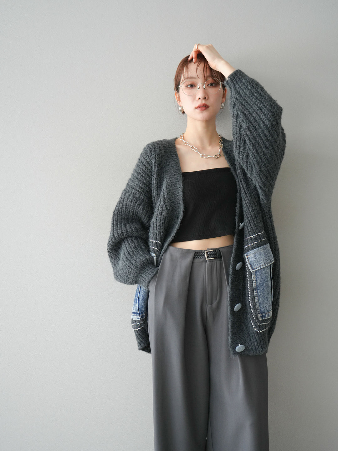 [予約]デニムポケットハンドステッチカーディガン/gray