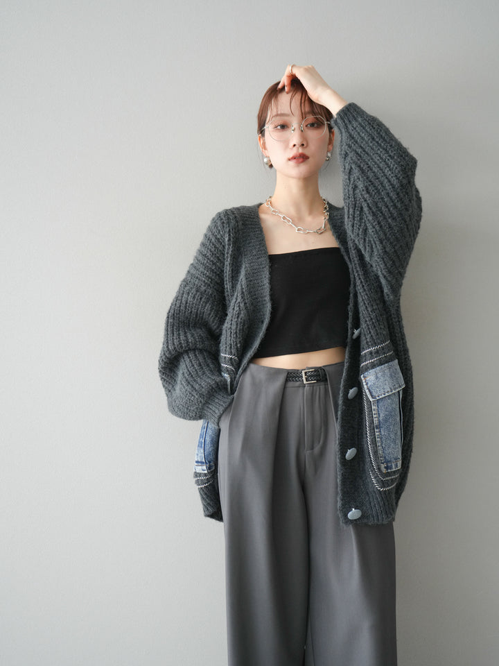 [予約]デニムポケットハンドステッチカーディガン/gray