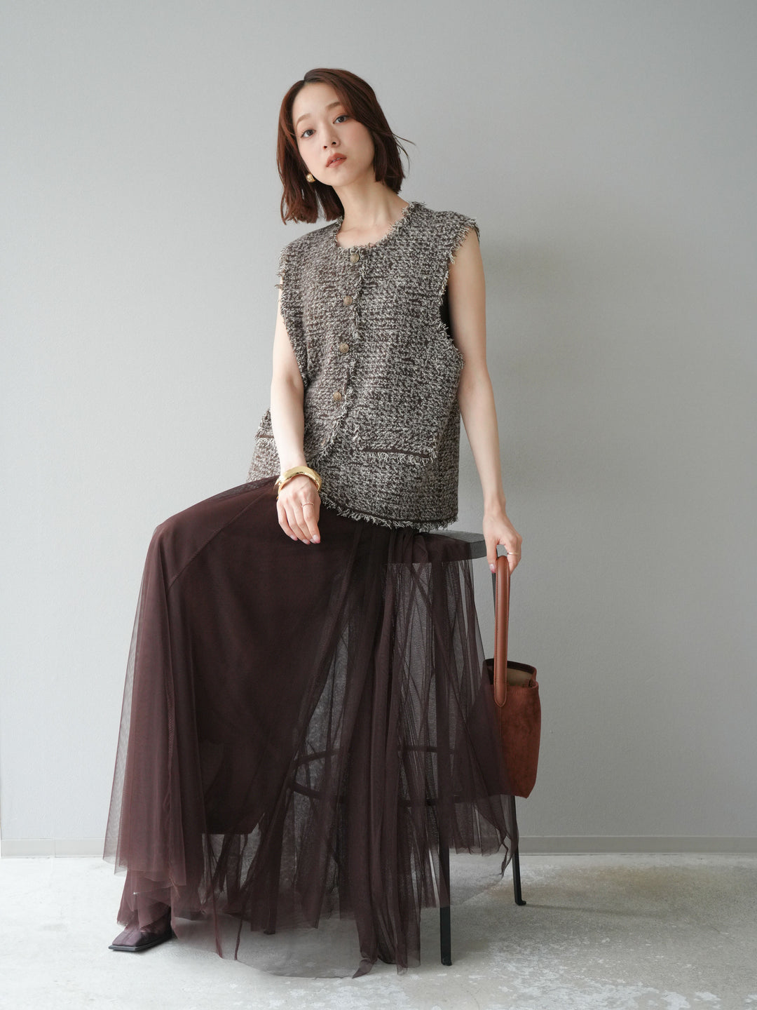 [予約]ミックスツイードフリンジニットベスト/ブラウン