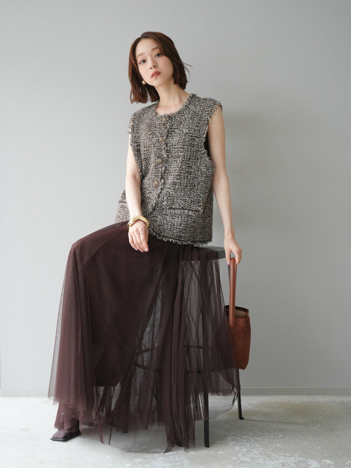 [予約]ミックスツイードフリンジニットベスト/ブラウン