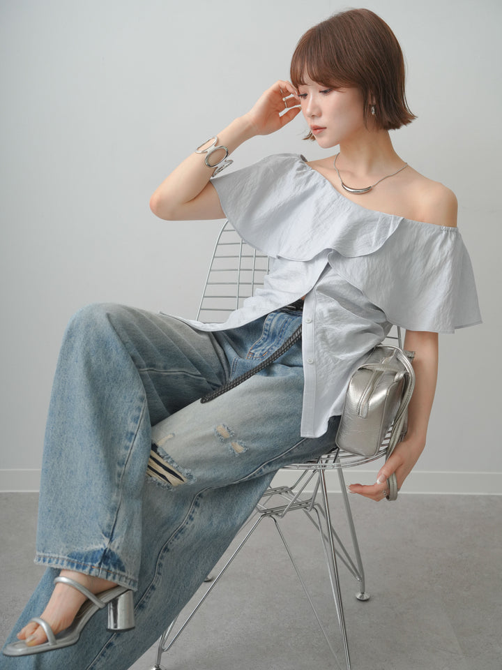[予約]ラッフルオフショルブラウス/lightblue