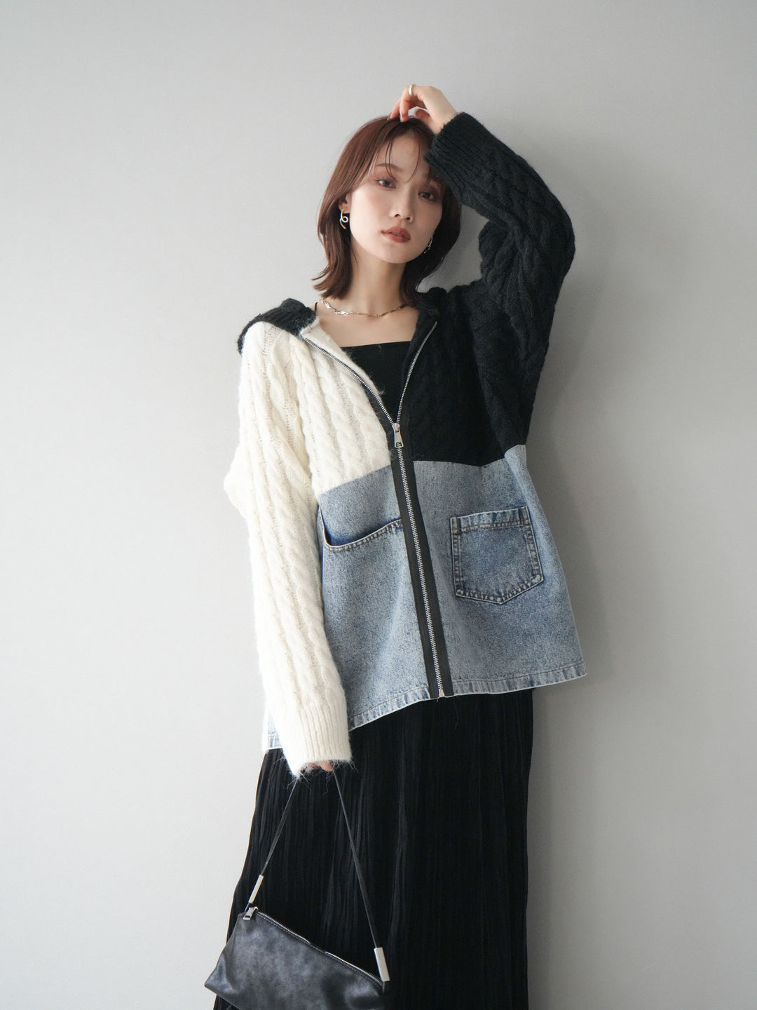 [予約]デニム×バイカラーニットZIPフーディ/black