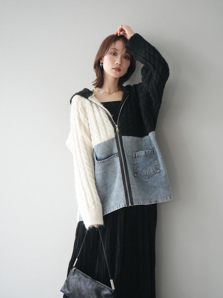 [予約]デニム×バイカラーニットZIPフーディ/black