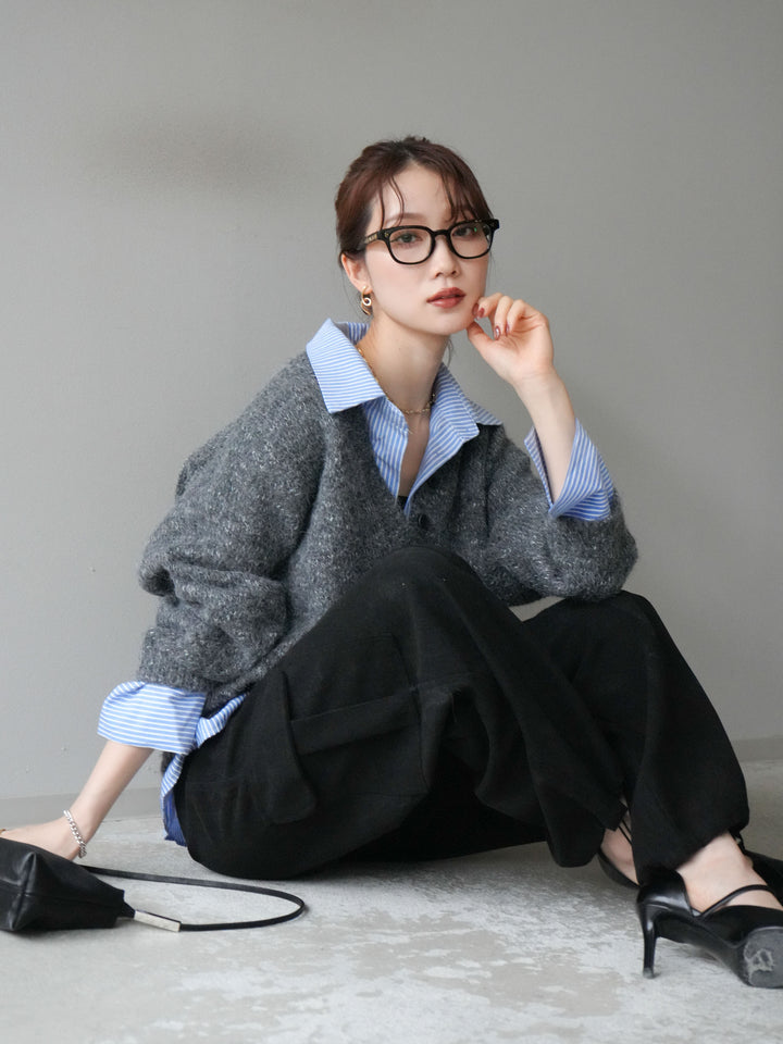 [予約]ストライプシャツドッキングMIXヤーンニットプルオーバー/charcoal