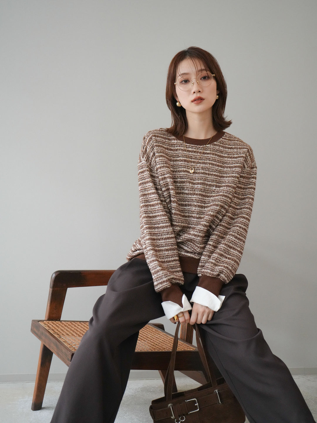 [予約]MIXツイードライクカフスドッキングプルオーバー/brown