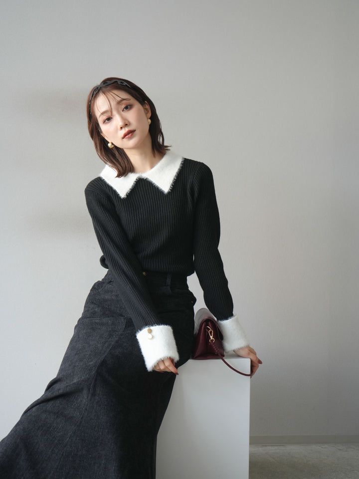 [SET]シャギー襟リブニットトップス+ベルベットマーメイドスカート(2set)