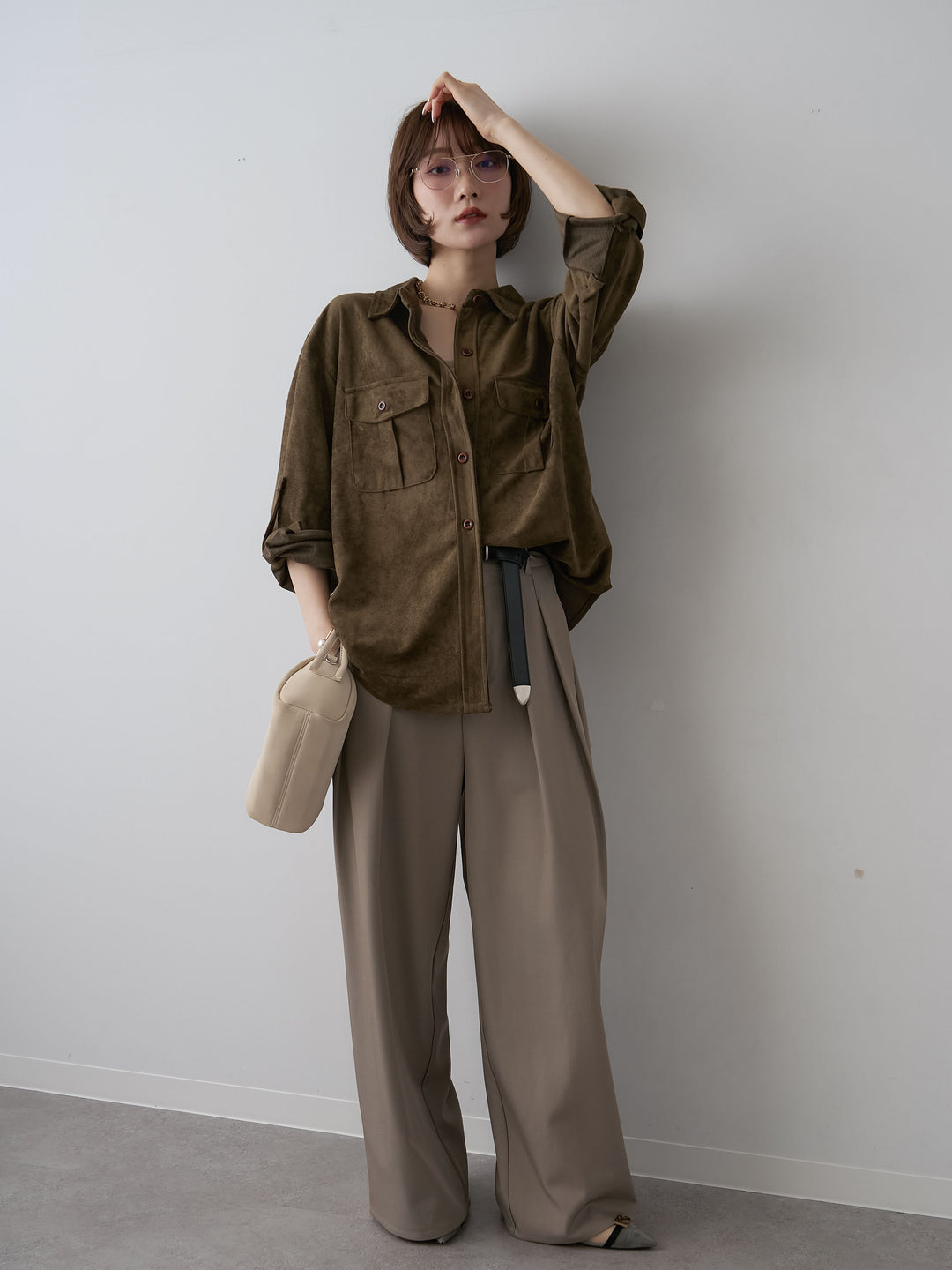 [SET]スウェードタッチWポケットシャツ+ツイルタックワイドパンツ(2set)
