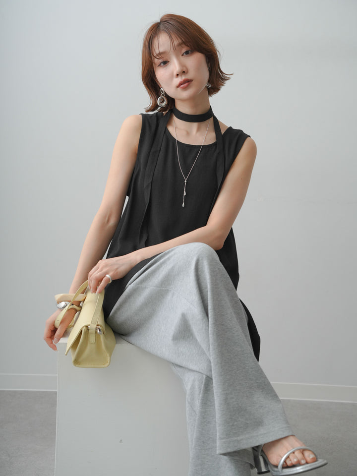[SET]タイ付アシメヘムノースリトップス+リラックスドレープスウェットパンツ(2set)