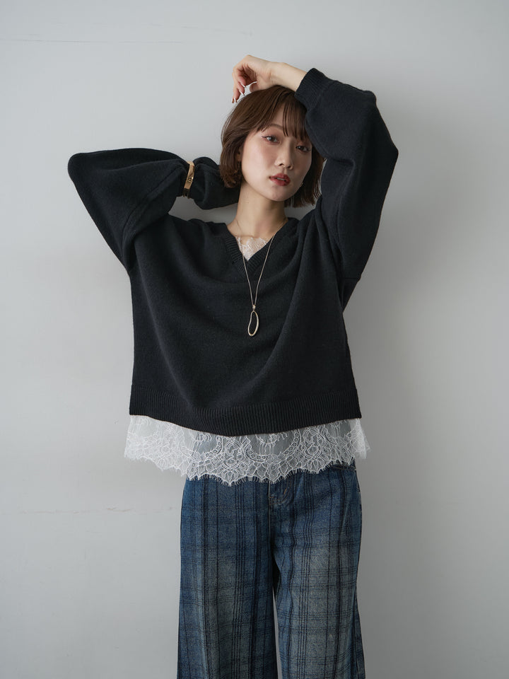 [予約]アルパカタッチレースドッキングVネックニットトップス/black