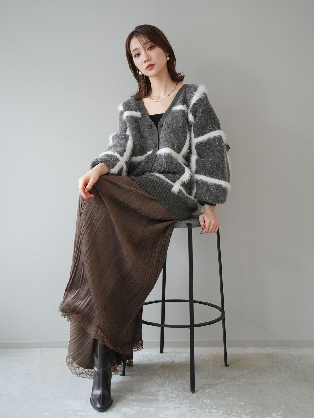 [予約]ミックスシャギーチェックカーディガン/brown