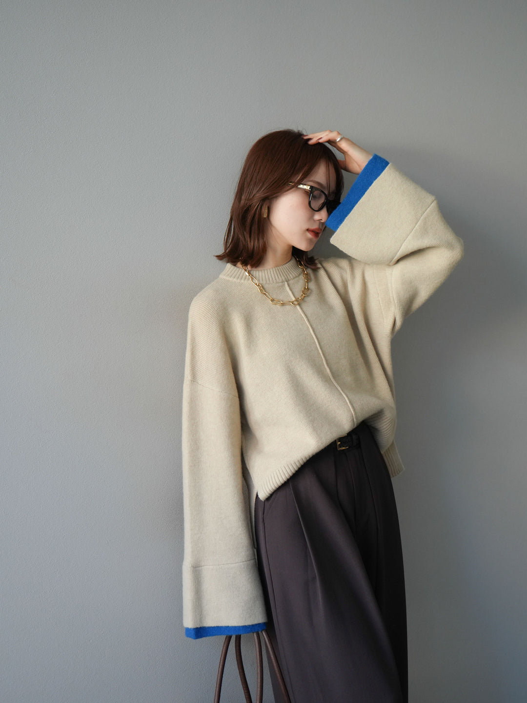 [予約]袖レイヤード配色ニットプルオーバー/ivory