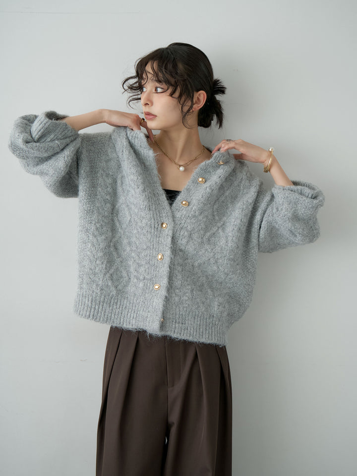 [SET]ゴールドボタンケーブルシャギーガーディガン+ツイルタックワイドパンツ(2set)