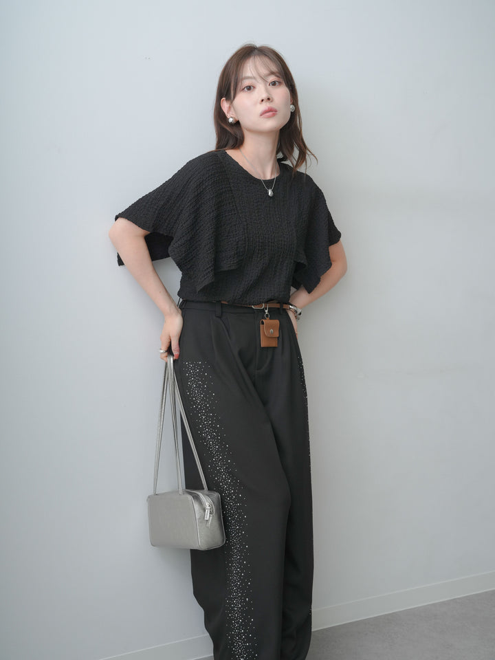 [SET]フクレジャガードケープスリーブトップス+ポーチベルト付サイドビジュータックワイドパンツ(2set)