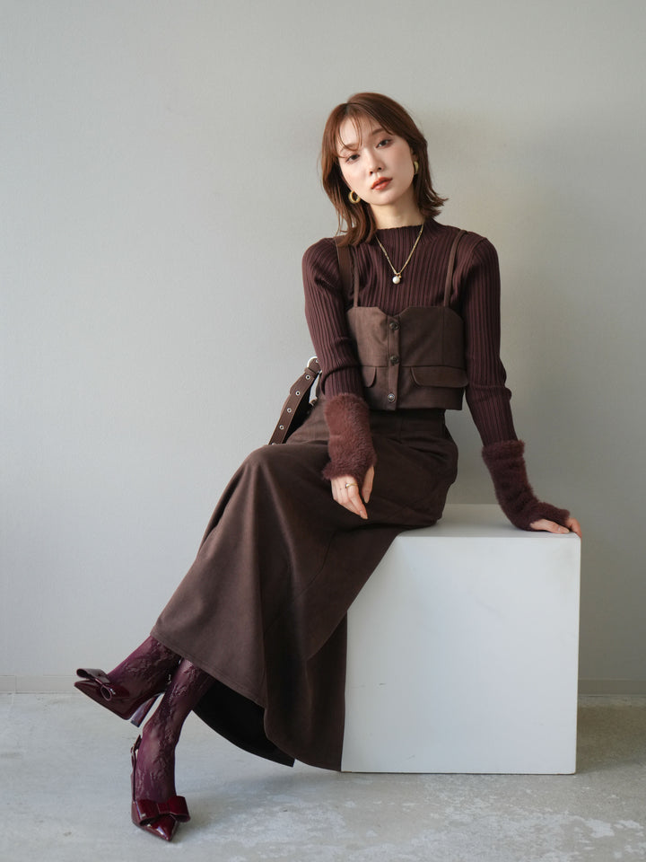 [SET]スウェードビスチェ+アームシャギーランダムリブニットトップス+スウェードIラインスカート(3set)