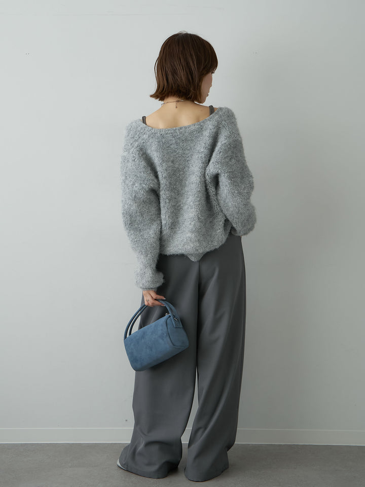 [SET]ブークレクロップニットカーディガン+ベルトループデザインワイドパンツ(2set)