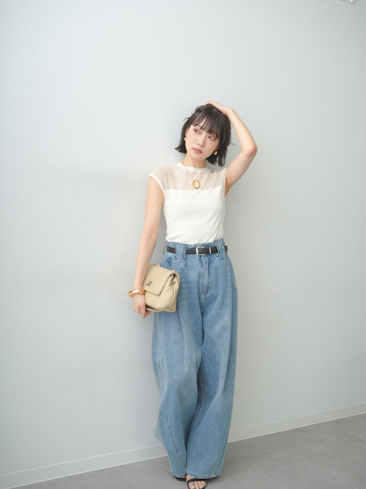 [予約]シアー切替ニットトップス/white