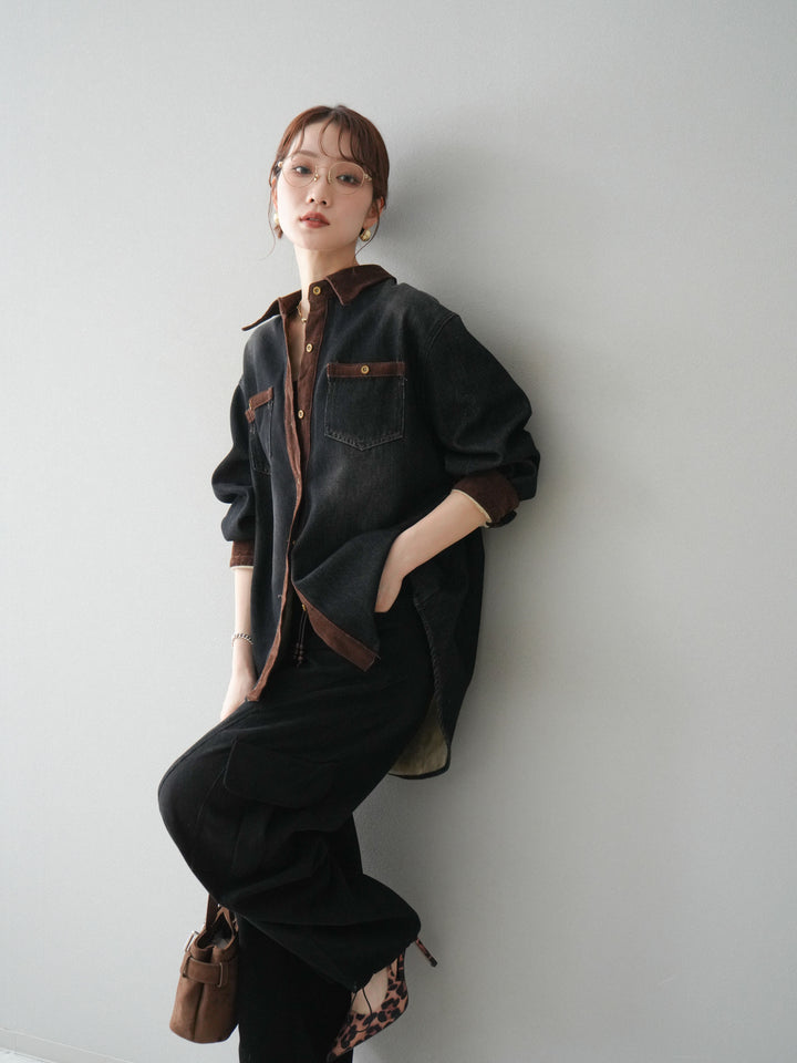 [予約]裏起毛コーデュロイ襟デニムシャツジャケット/black