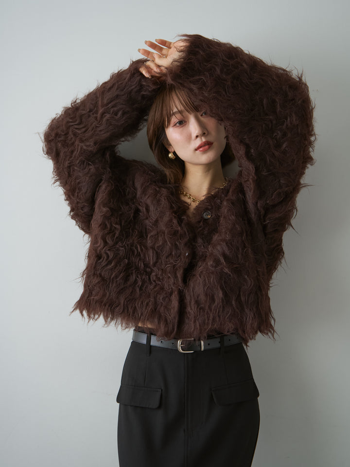 [SET]カーリーフェザーニットカーディガン+クレープデシンフラップ付きストレートスカート(2set)
